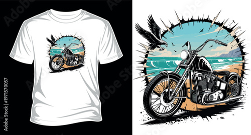 Vintage custom chopper motorcycle on tropical beach background with flying eagle. vector art print templet.