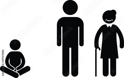 Human life stages icons set, child adult elderly silhouettes, aging concept, generations people symbols, growth timeline, black white vector illustration