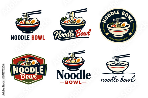 Noodle bowl logo collection featuring chopsticks and asian cuisine elements