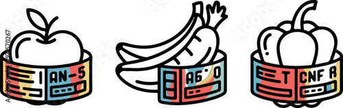 Interactive food identification labels with product codes on fruit and vegetable icons for smart retail systems.