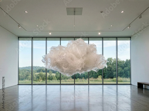 Abstract Floating Fiber Sculpture in Minimalist Gallery with Floor-to-Ceiling Windows
