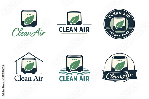 Eco-friendly clean air logos featuring leaf and air purifier design