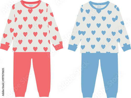 Kids pajama set vector illustration, heart pattern sleepwear, children nightwear outfit, long sleeve top pants, cute apparel design template