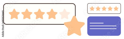 Customer review, reputation management, quality assessment, user feedback, rating icons, digital reviews. Five-star rating rows with an orange star. Customer review and reputation management concept