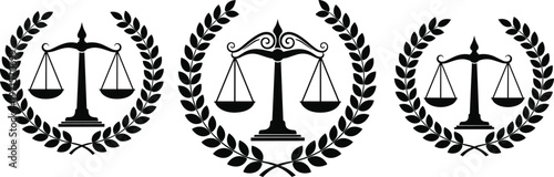 Justice scales emblem, law symbol illustration, legal balance icon, court concept design, judicial system, equality and fairness, legal authority concept