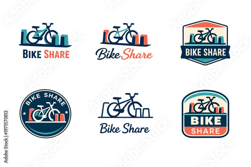 Bike share icons set with bicycle and text in various styles and colors