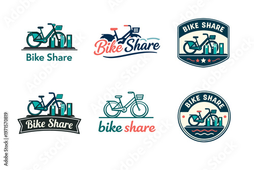 Diverse bike share logos featuring bicycles and styled text designs