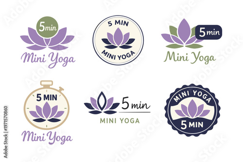 Collection of six mini yoga logos with lotus and time elements