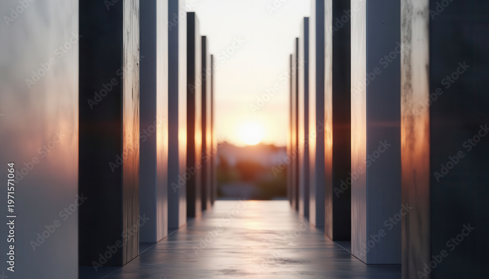 Fototapeta premium tall, rectangular structures lined along a pathway, leading towards a sunset. The vibrant sunset casts shadows on the structures and illuminates the pathway.