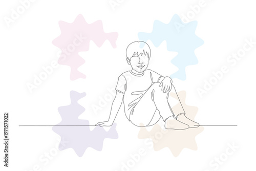 Continuous Line Drawing of a Young Child Sitting with Colorful Abstract Shapes, Hand-Drawn Style for Modern Design Elements