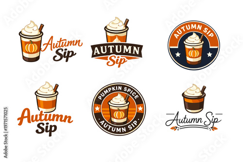 Autumn sip logo collection with pumpkin spice drink illustrations