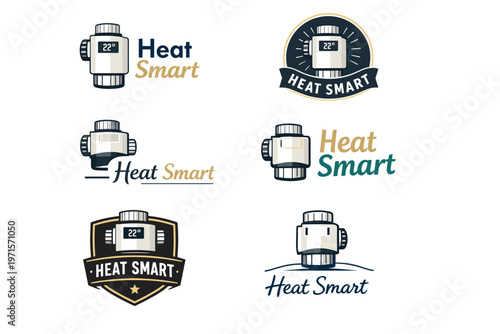 Collection of vintage thermostat logos highlighting heat smart technology