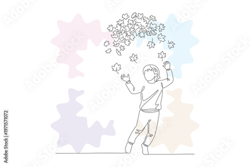 Delicate Continuous Line Drawing of a Child Joyfully Playing Amongst Falling Autumn Leaves, Hand-Drawn Sketch Style