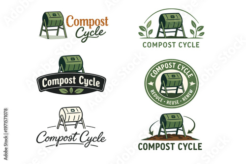 Compost cycle logos featuring rotating bin and eco-friendly symbols