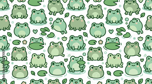 Adorable Green Frogs Pattern Wallpaper with Lily Pads and Bubbles
