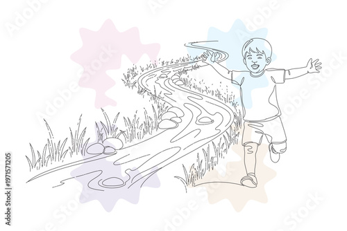 Joyful Child Running Alongside a Winding Stream in a Continuous Line Drawing, Hand-Drawn Style, Perfect for Children's Illustrations and Storytelling