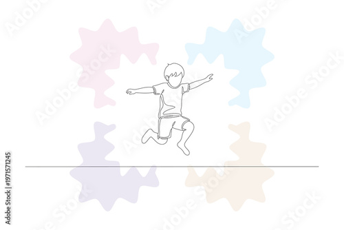 Playful Child Jumping in Continuous Line Drawing - Minimalist Illustration with Pastel Accents, Hand-Drawn Style for Kids and Childhood Concepts