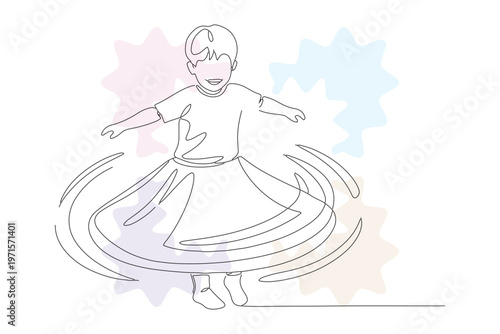 Whimsical Continuous Line Drawing of a Child Dancing with Colorful Abstract Shapes, Hand-Drawn Style for Creative Projects