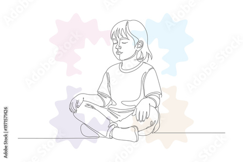 Serene Child in Meditation Pose - Continuous Line Drawing, Hand-Drawn Illustration for Mindfulness and Wellbeing Concepts