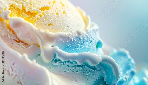Close-up macro of melting blue and white ice cream with creamy drips on sunny day