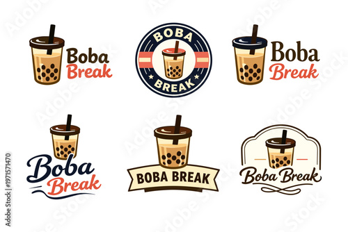 Boba break logo collection with bubble tea icons and text variations