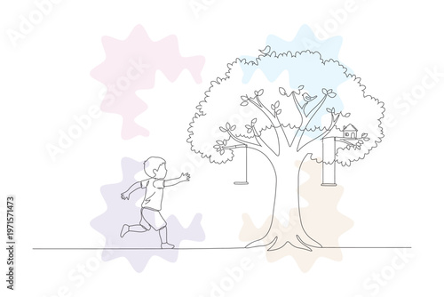 Whimsical Continuous Line Drawing of a Child Running Towards a Tree with Swings and Birdhouse, Pastel Background