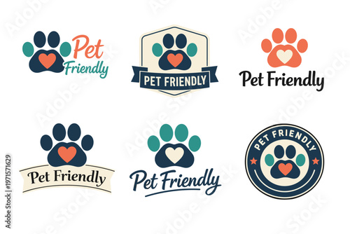 Pet friendly logos featuring paw prints and hearts in various styles