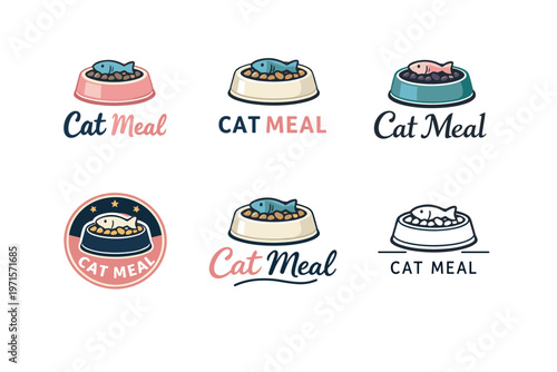 Set of cat meal logos featuring fish bowl designs in various styles and colors