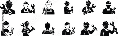 Black and white icons of workers with tools Vector