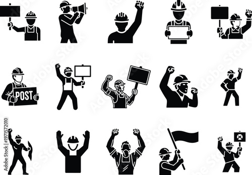 A collection of black and white worker icons holding protest signs Vector