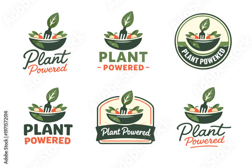 Plant powered logos with bowls of fresh vegetables and forks