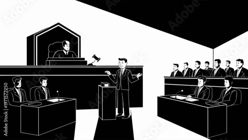 Courtroom scene with judge and lawyers discussing a case in a formal setting