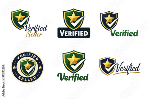 Verified seller logos with shields, stars, and check marks in various styles