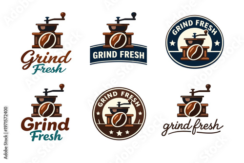 Vintage coffee grinder logos collection featuring retro designs and grind fresh text