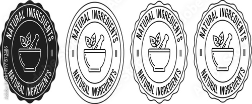 Natural Ingredients Badge Set with Herbal Mortar and Pestle Icon for Organic Product Labels, Cosmetics Packaging, and Eco Friendly Branding Vector Illustration