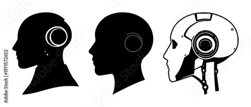Machine learning robot head set with solid black icon on white background featuring machine learning, artificial intelligence, robotics with silhouette and profile
