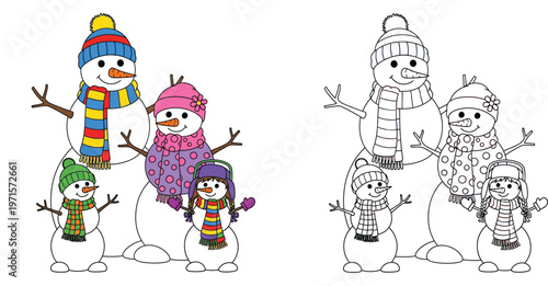 Cute Snowman Family with Colorful Winter Accessories, Colored and Line Art Vector Set for Kids Coloring Book and Christmas Holiday Activity