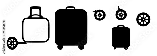 Suitcase wheels set with solid black icon on white background featuring travel, luggage, suitcase wheels with iconography and graphic design