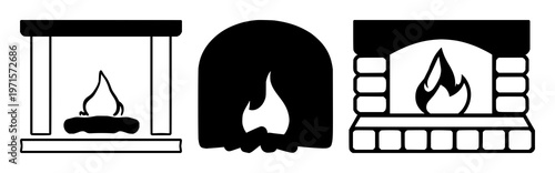 Fireplace icon set with solid black line illustration on white background featuring fire, stove, hearth with cozy and modern