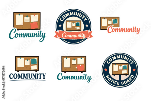 Community notice boards set with pinboards and circular logos for event announcements