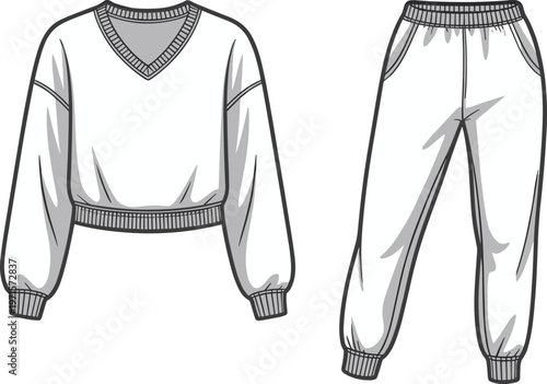 Fashion flat sketch of women's cropped sweater and jogger pants set.