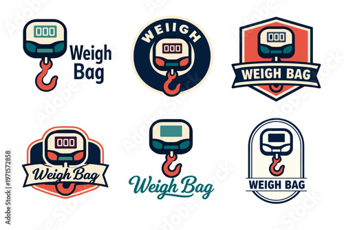 Digital weigh bag logos with hooks in retro styles on white background
