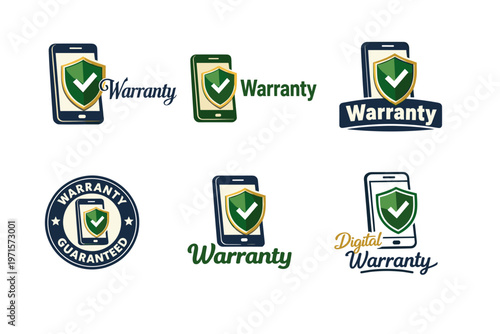 Various digital warranty logos featuring mobile phones and shields