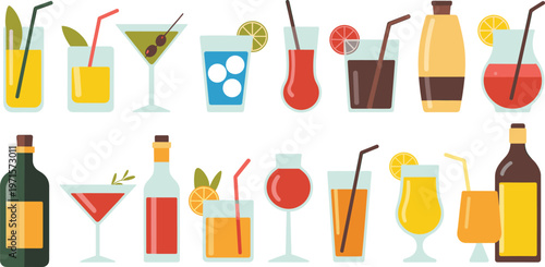 Large collection of colorful cocktail and beverage icons featuring tropical drinks martini glasses liquor bottles and summer juices for restaurant menu and bar promotion design.