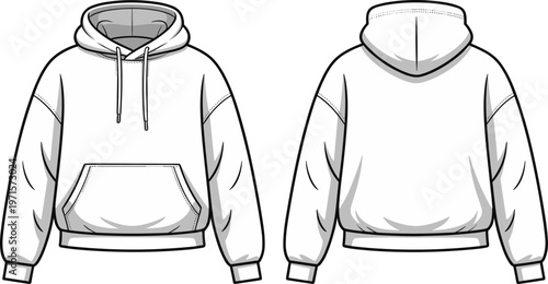 White hooded sweatshirt with front pocket front and back view fashion flat sketch.