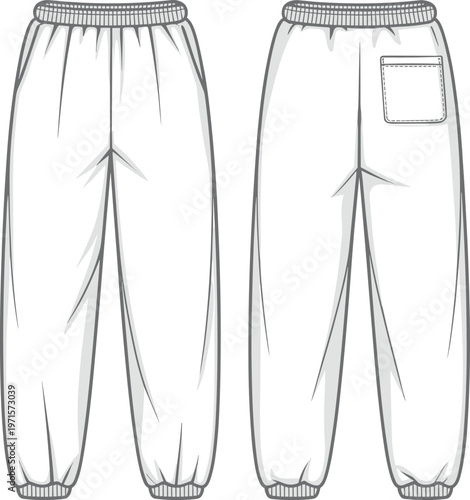 White sweatpants with elastic waistband front and back view fashion flat sketch.