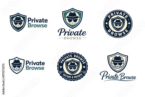 Private browse logos: secure internet shield with detective icon