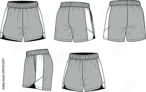 Men athletic shorts vector illustration, sportswear design template, gym shorts front side back views, breathable fabric activewear apparel mockup