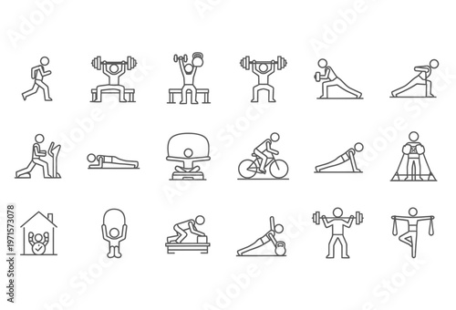 Grey line icons collection featuring various indoor gym activities and functional training