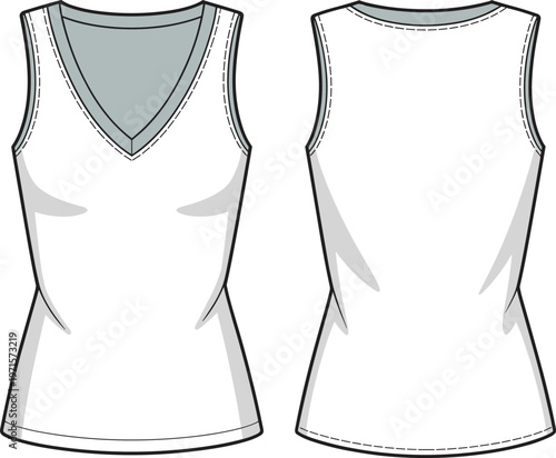 Fashion flat sketch of a white sleeveless v-neck tank top, front and back view.